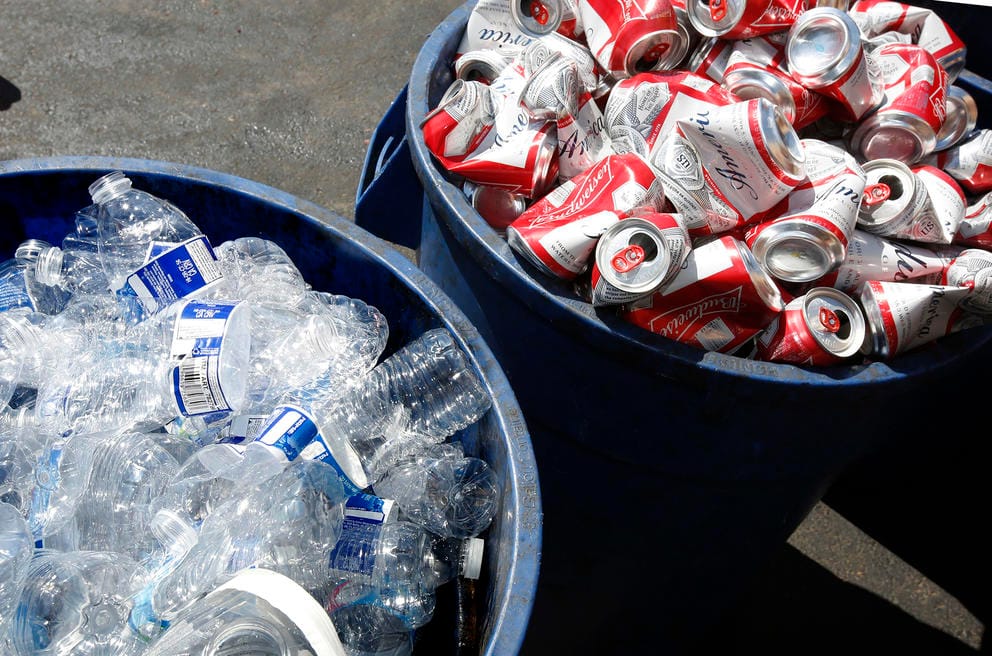 Cans and plastic bottles brought in for recycling.