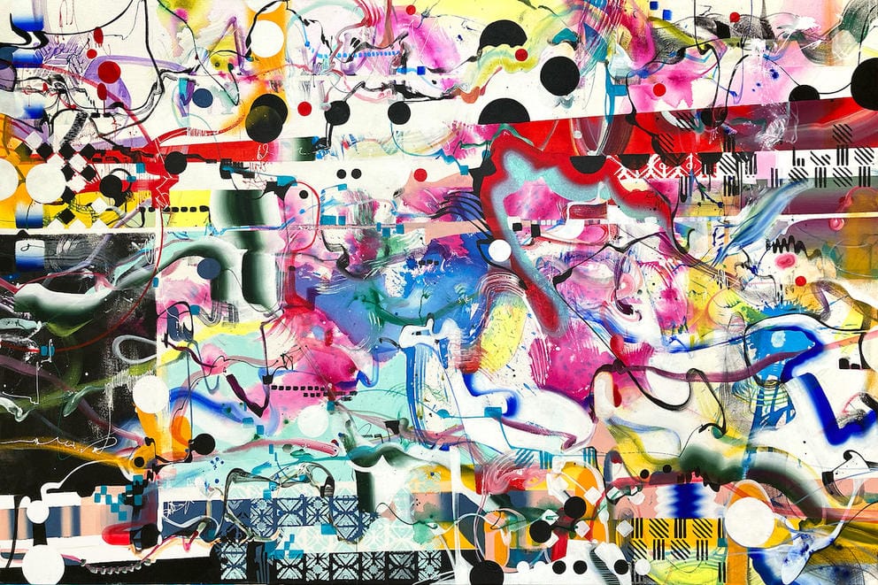 abstract painting showing an explosion of colors and squiggly lines