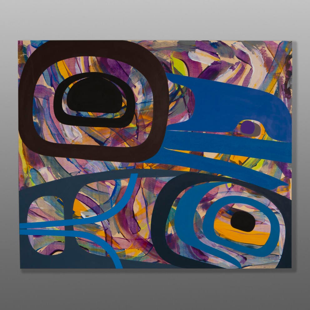 Painting featuring an abstract backdrop of wild colorful brushstrokes with formline patterns on top