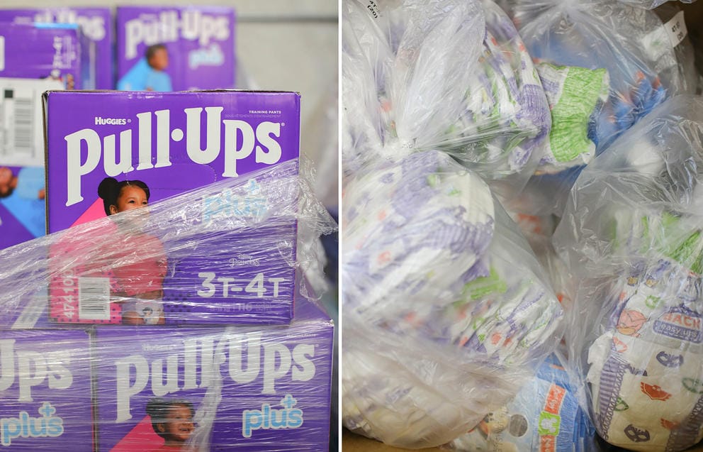 Donated diapers at WestSide Baby are bagged in groups of 45 and readied to hand out to families in need.