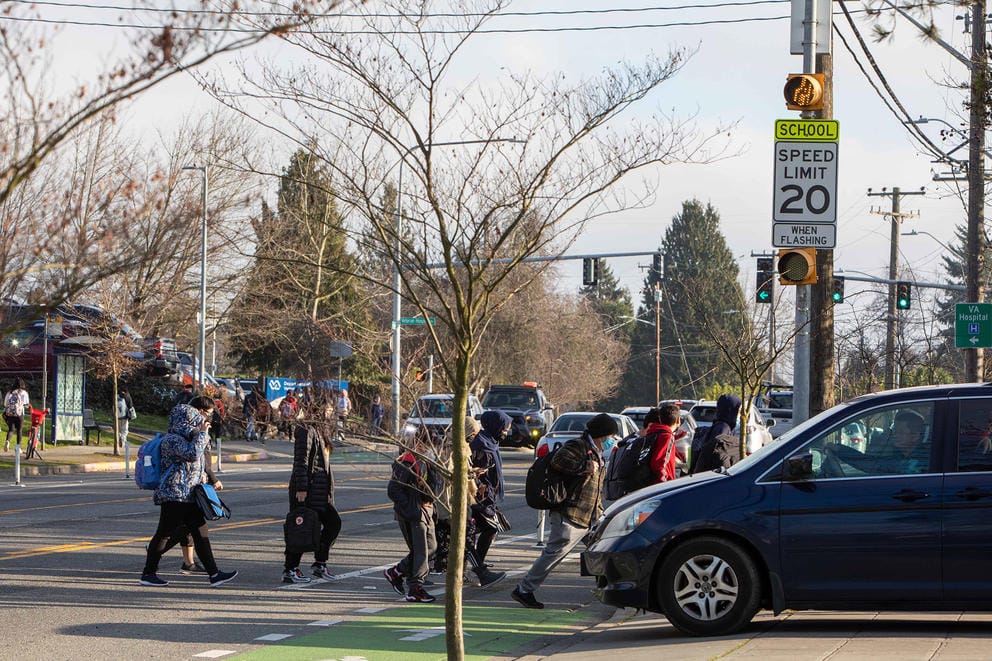 Students crossing a street