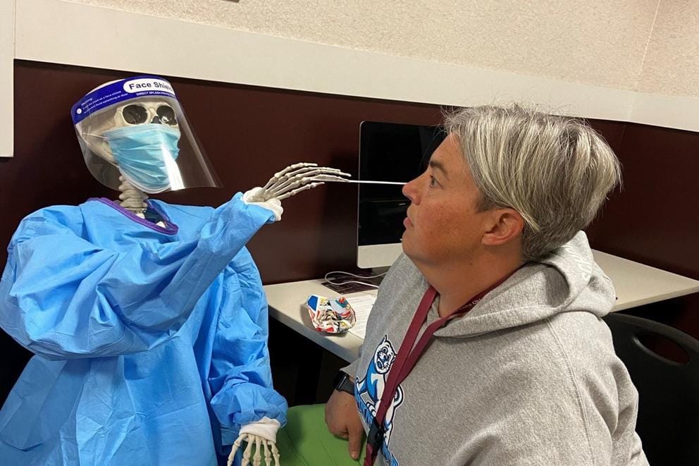 Liz Pray RN, former President of School Nurses of Washington, celebrates Halloween at Moses Lake School.