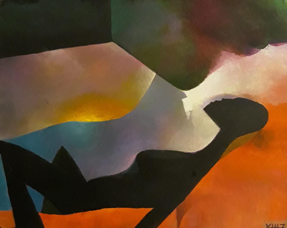 A painting of a black silhouette lying down in a red, yellow, blue and white background is pictured.