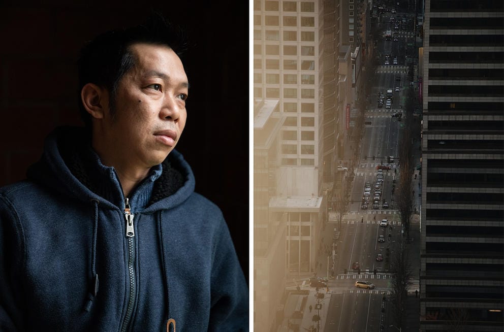 a diptich photo. left: a man looks out the window. right: a view of cars on 2nd avenue from above.