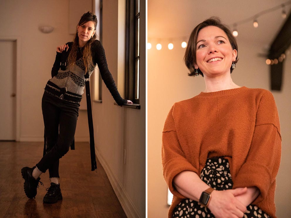two side by side portrait photos, each showing a woman wearing muted tones and facing forward