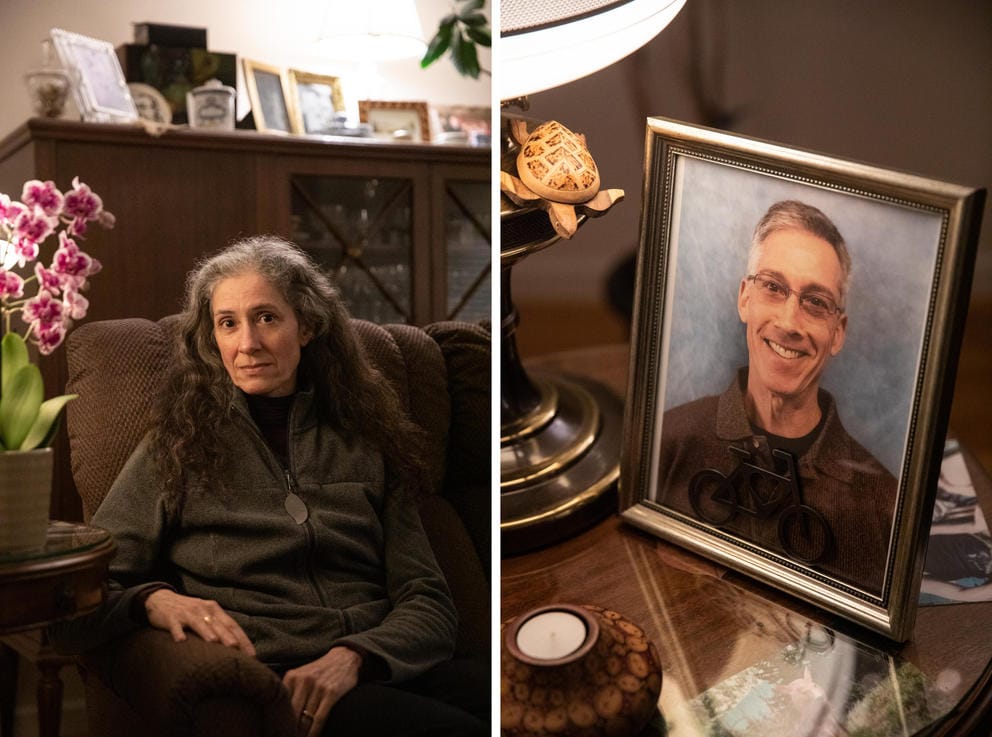 Claudia Mason next to a photo of her husband