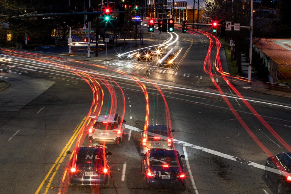 The intersection of Rainier Avenue South and Martin Luther King Way at night