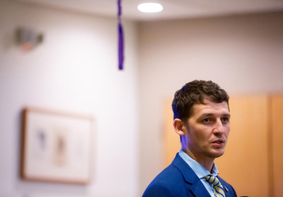Valeriy Goloborodko speaks to attendees at a Q&A event.
