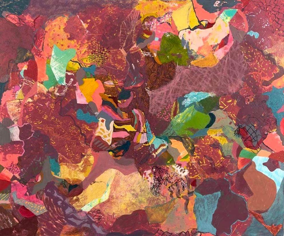 an abstract painting with organic shapes in rust, gold, orange with bits of blue and green