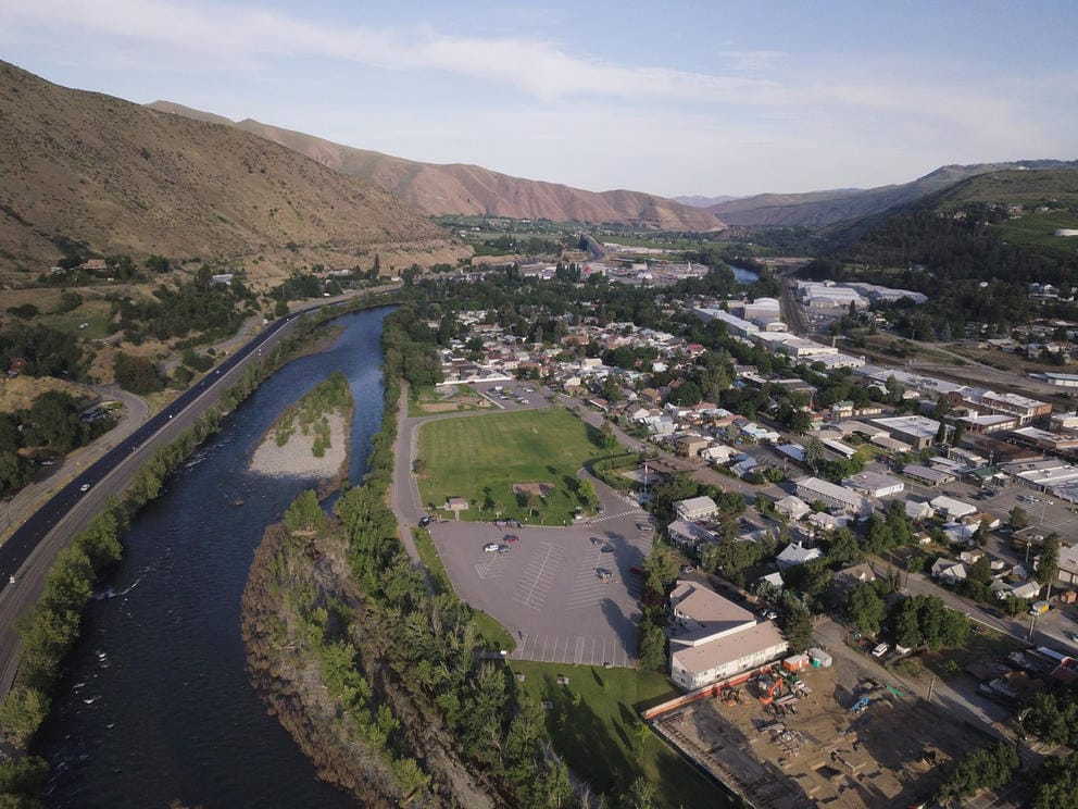An aerial view of the small town of Cashmere, located in Central Washington.