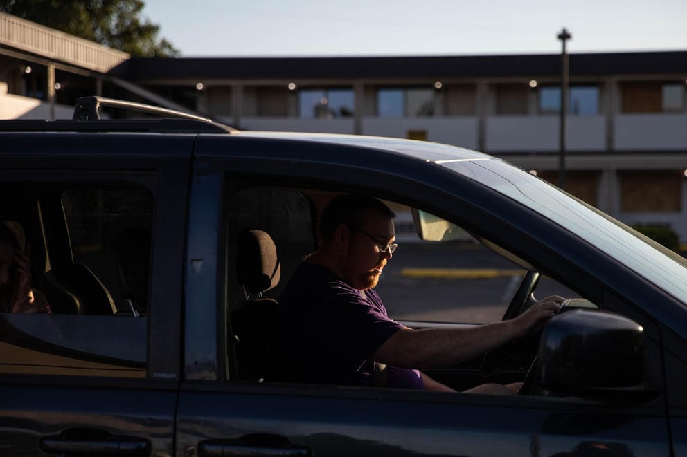 Ryan Blackledge starts the car to go pick up his sister in Yakima.