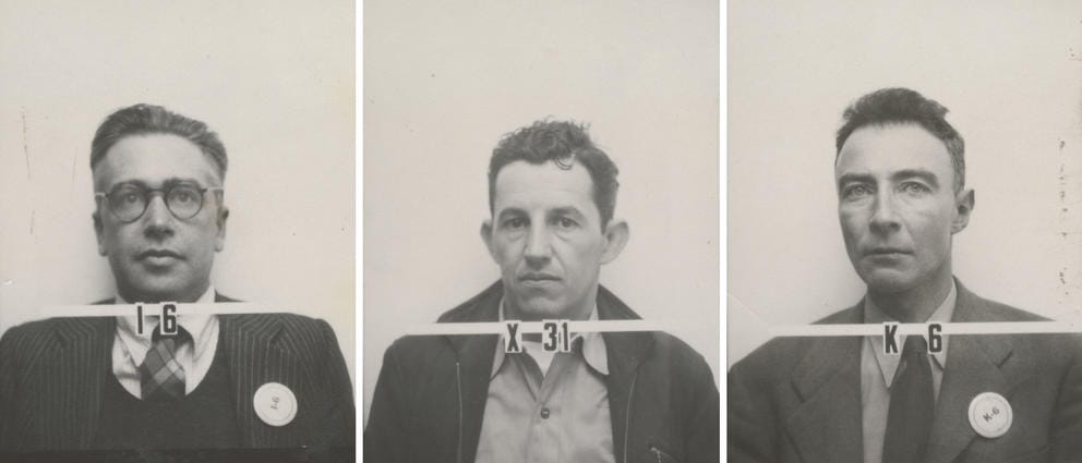 old black-and-white photos of Emilio Segrè, my grandfather Jake Seligman and Julius Robert Oppenheimer.