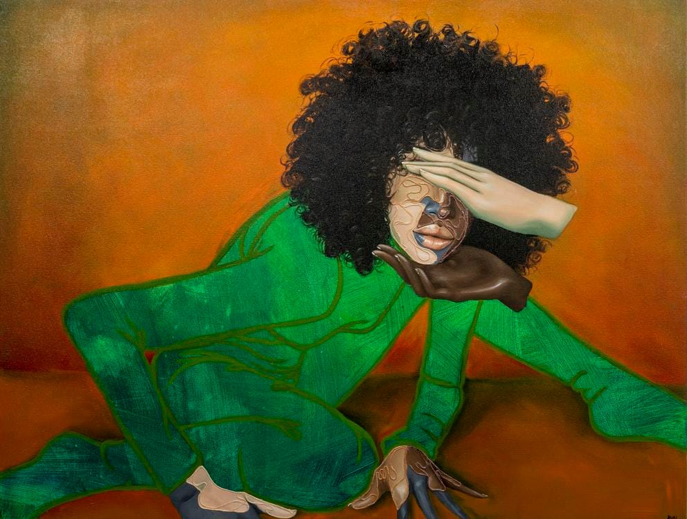 a painting of a woman in a green outfit, half her face is beige, half brown