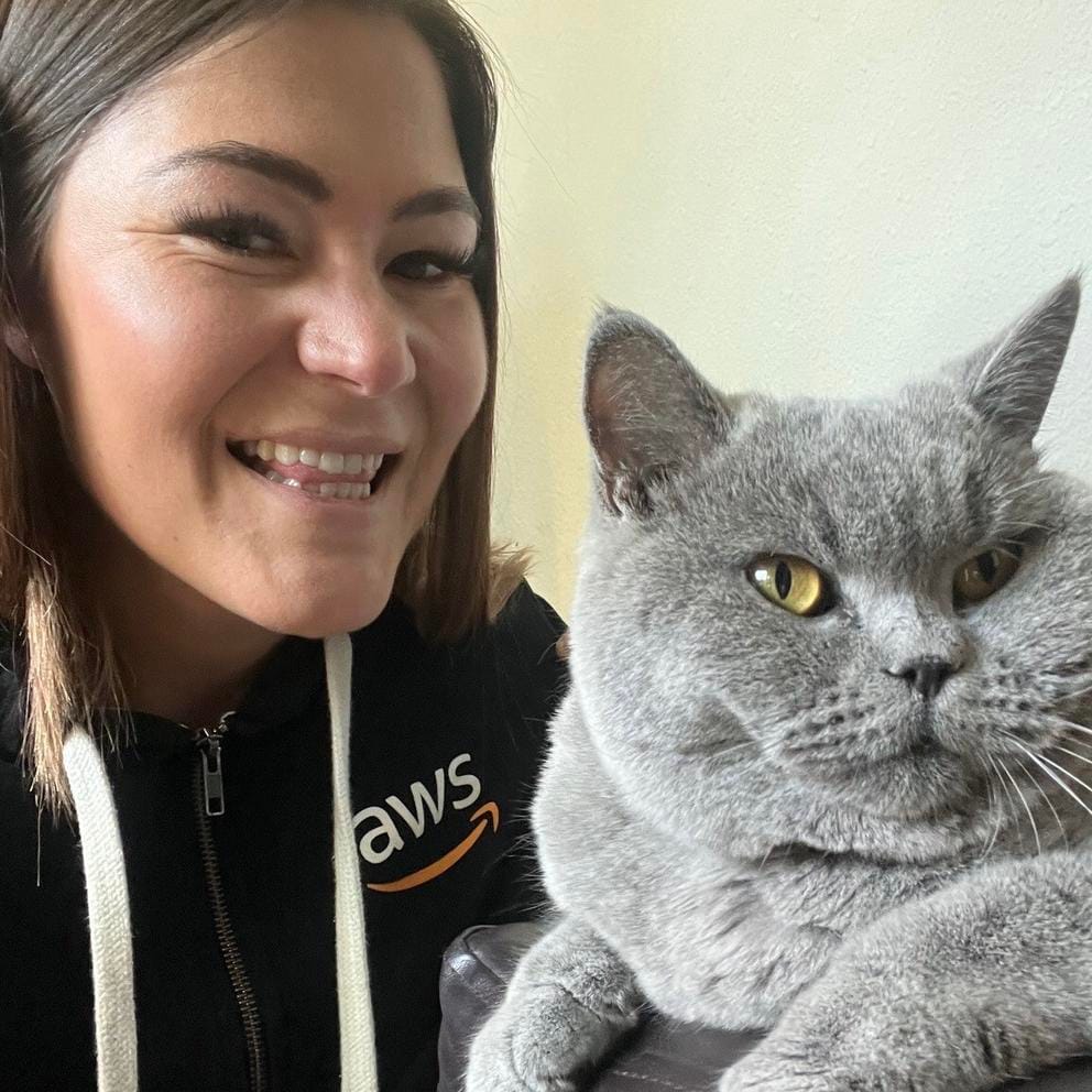 Andrea Bussard and her Russian blue cat 