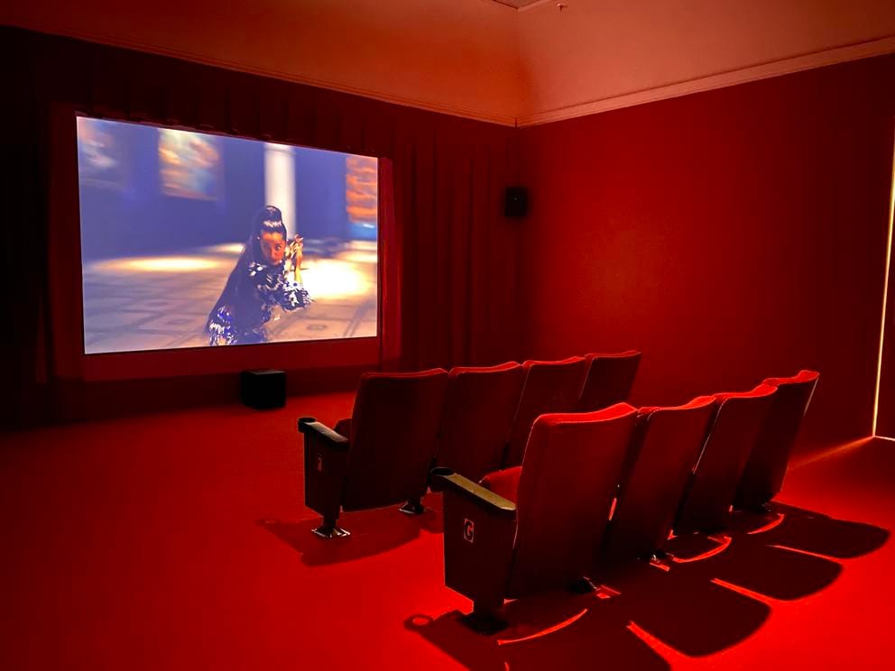photo of a red-lit movie screening room with a woman wielding a sword on screen