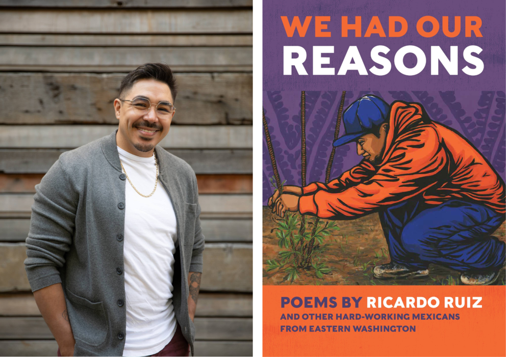 side by side images of a smiling man in a cardigan and glasses and a book cover that reads