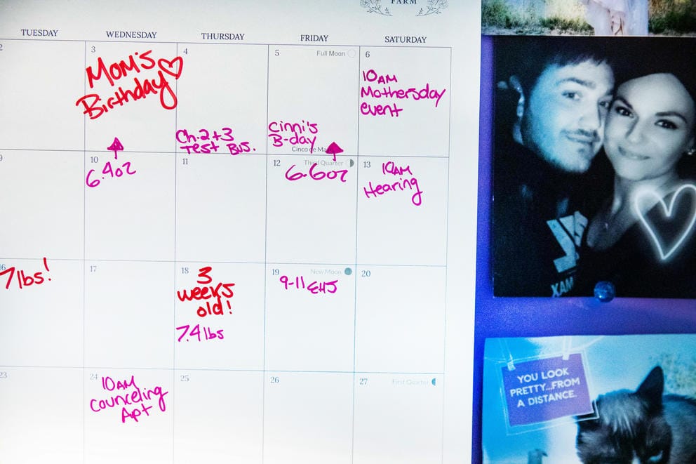 A close up of a calendar with baby weights and other events written on it