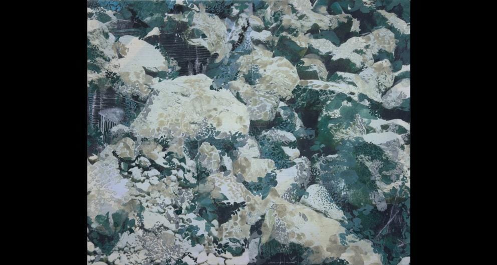 an abstract painting of rocks and flora in grey blues