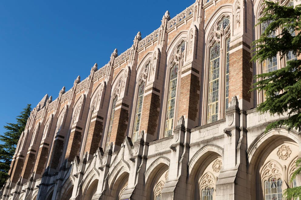 Facade detail of Suzzallo Library in Red Square at the University of Washington