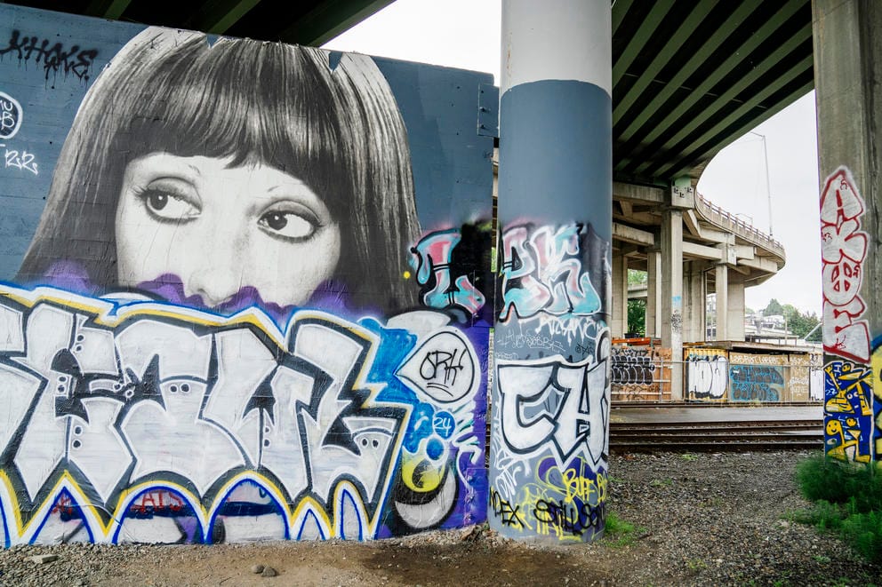 Graffiti is visible under the Emerson Street bridge