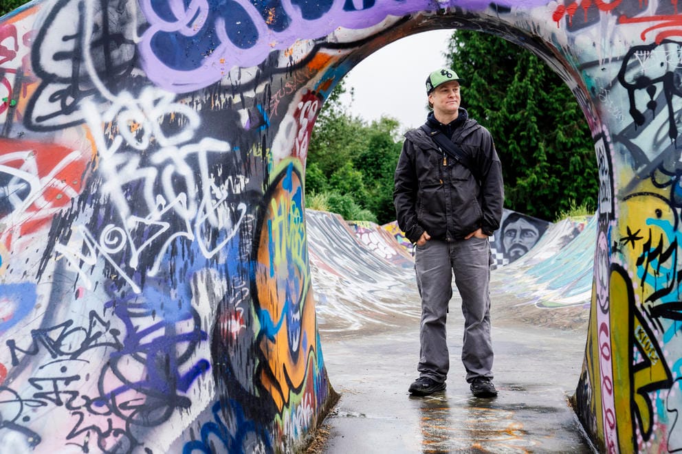 B. Gnarley, a photographer who chronicles the Seattle region's graffiti scene, is photographed at the River City SkatePark in the South Park where surfaces are considered something like a