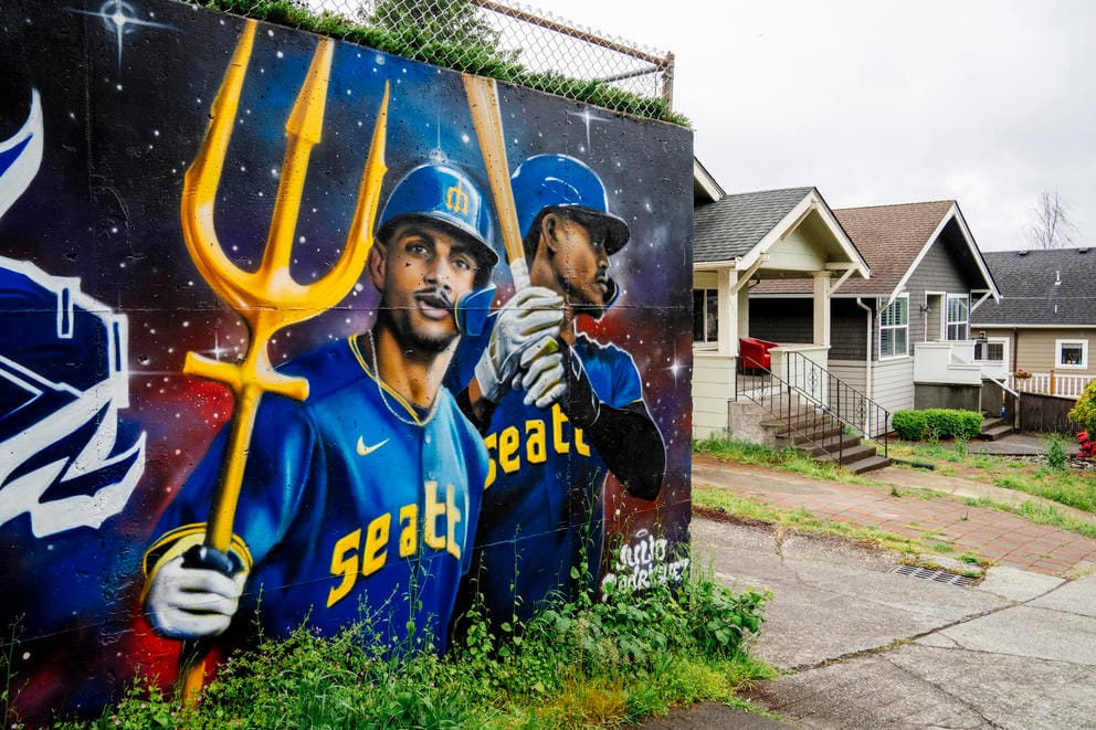 A mural of Seattle Mariner Julio Rodriguez by local artist Desmond Hansen