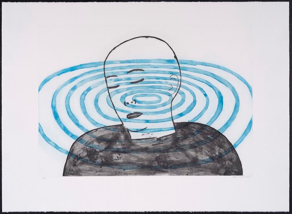 painting of a bald person with eyes closed and blue ripples waving out from their face