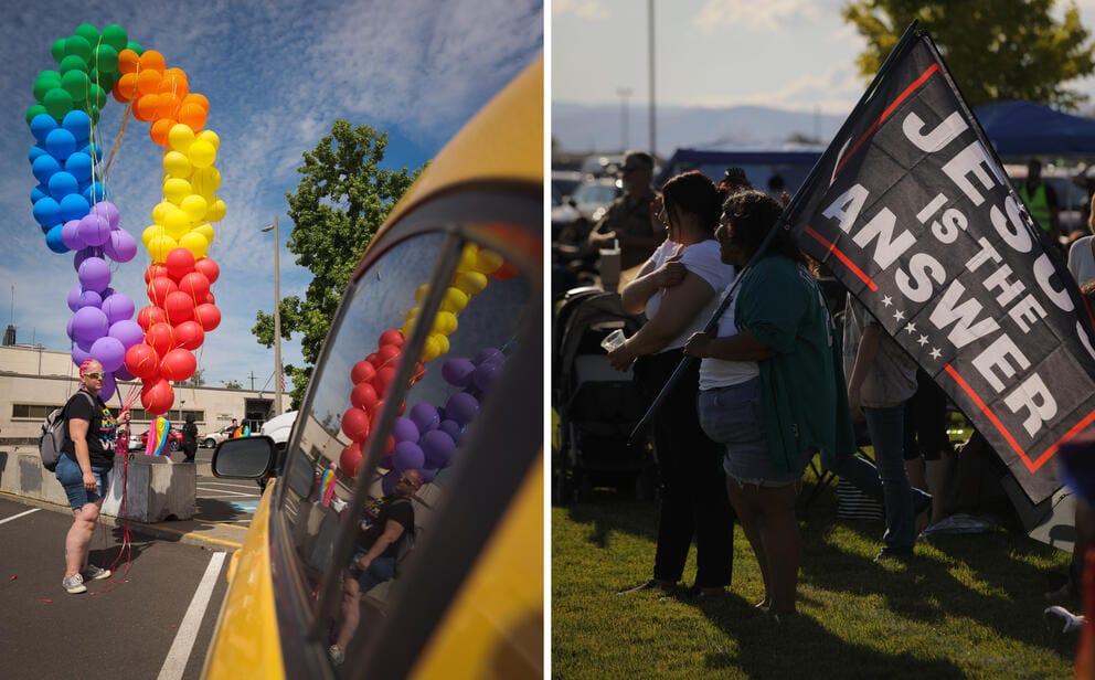 Left: An attendee holds a balloon arch during the Yakima Pride parade. Right: A woman holds a flag that reads “Jesus is the Answer” designed to look like a Donald Trump flag