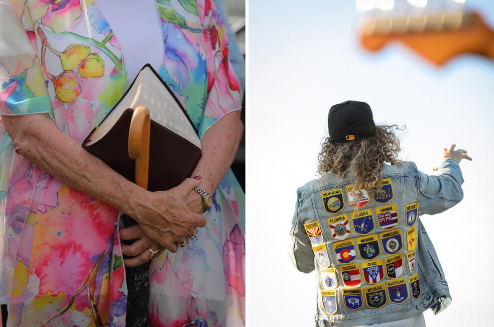 Left: A tight shot of hands clasping a bible Right: Sean Feucht wears a jacket with state patches sewn to the back