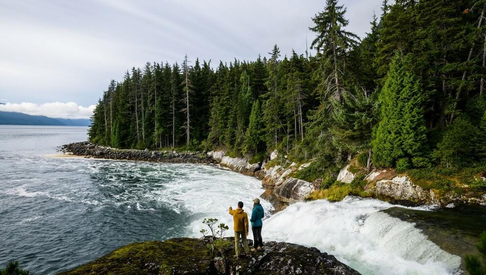 Two people look out over a Northwest bay
