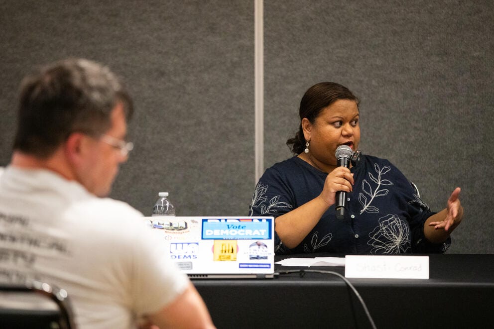 Shasti Conrad answers a question during a town hall
