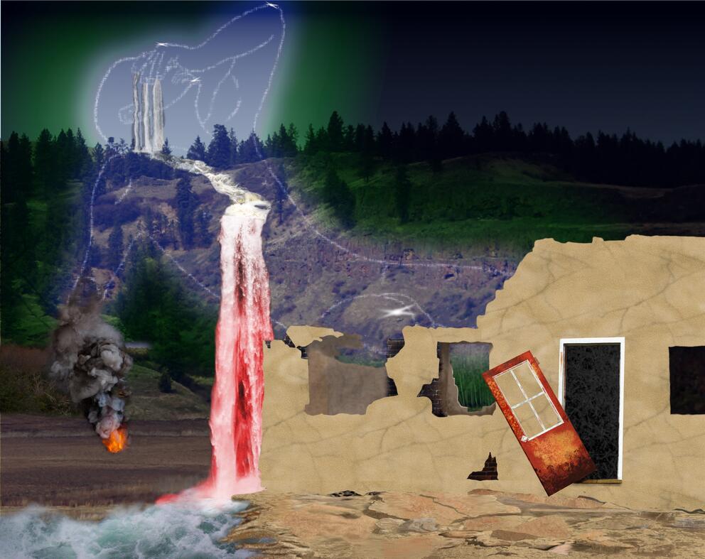 collage with outline of a body on mountain range with smoke plumes and ruins