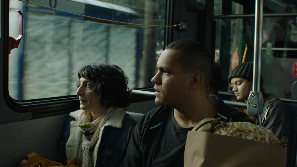 Woman and man on bus