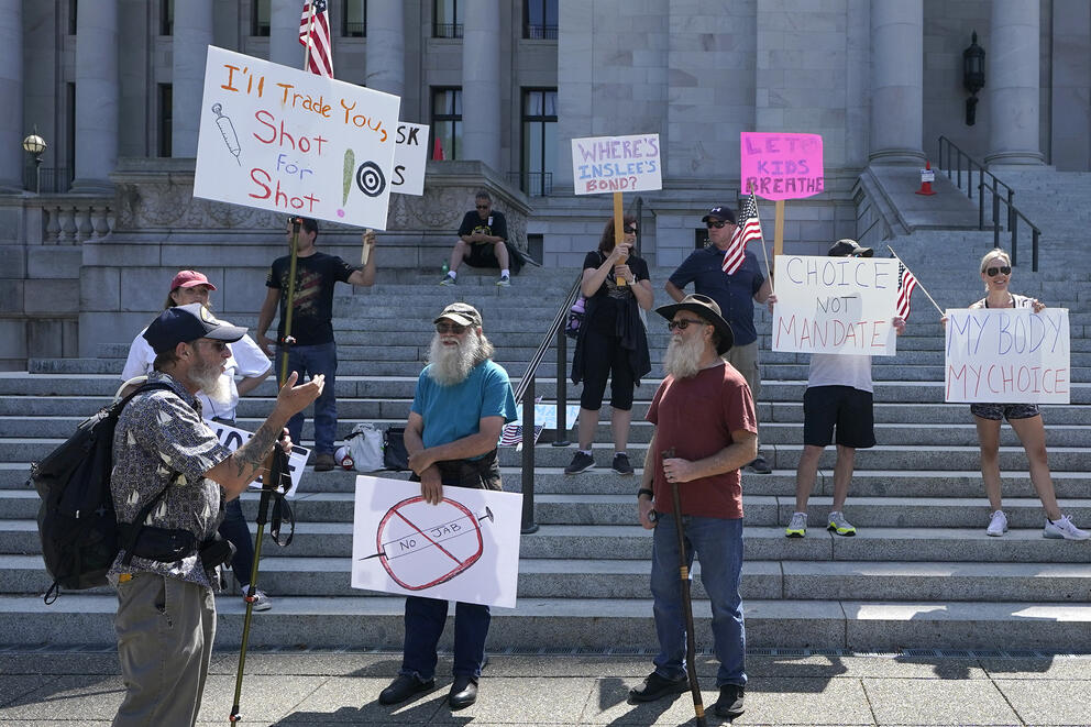 Demonstrators carrying signs pictured on stone steps