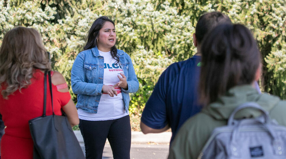 Democrat candidate Dulce Gutierrez talking to supporters