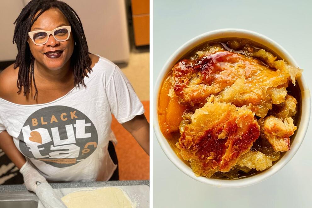 Person on left rolling out dough, right: peach cobbler from above
