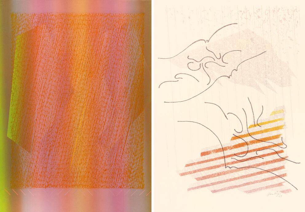 Side-by-side of orange collagraph, featuring green and yellow tints (left) and a print on beige paper with colorful stripes (right)