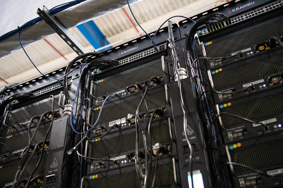 Close up of a tower of server machines