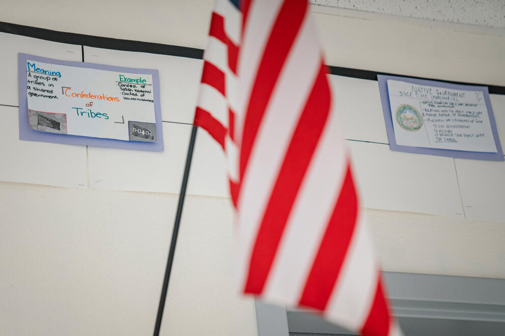 The walls of history teacher Alison McCartan’s classroom at River Ridge High School