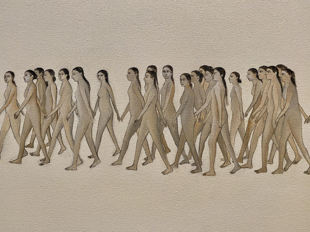a beige toned painting of a group of cartoonish nude women walking toward the left