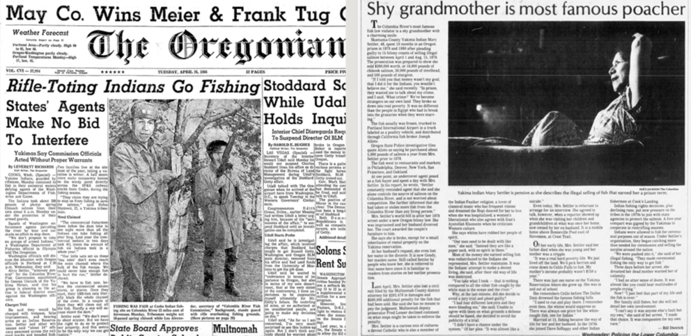 Two newspaper pages. Left image's lead headline: Rifle-toting Indians go fishing / States' agents make no bid to interfere / Yakimas say commission officials acted without proper warrants." Right image's lead headline: "Shy grandmother is most famous poacher"