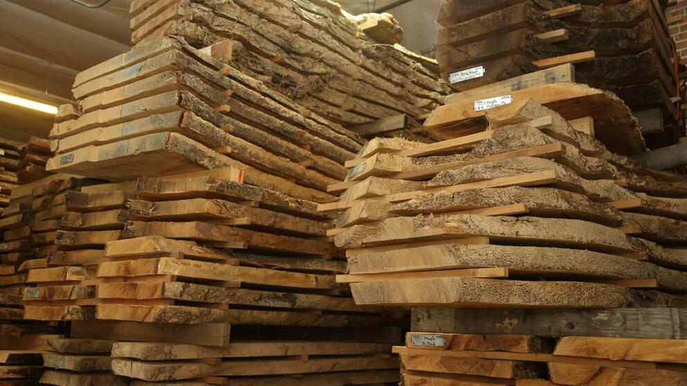 Rows of stacked lumber