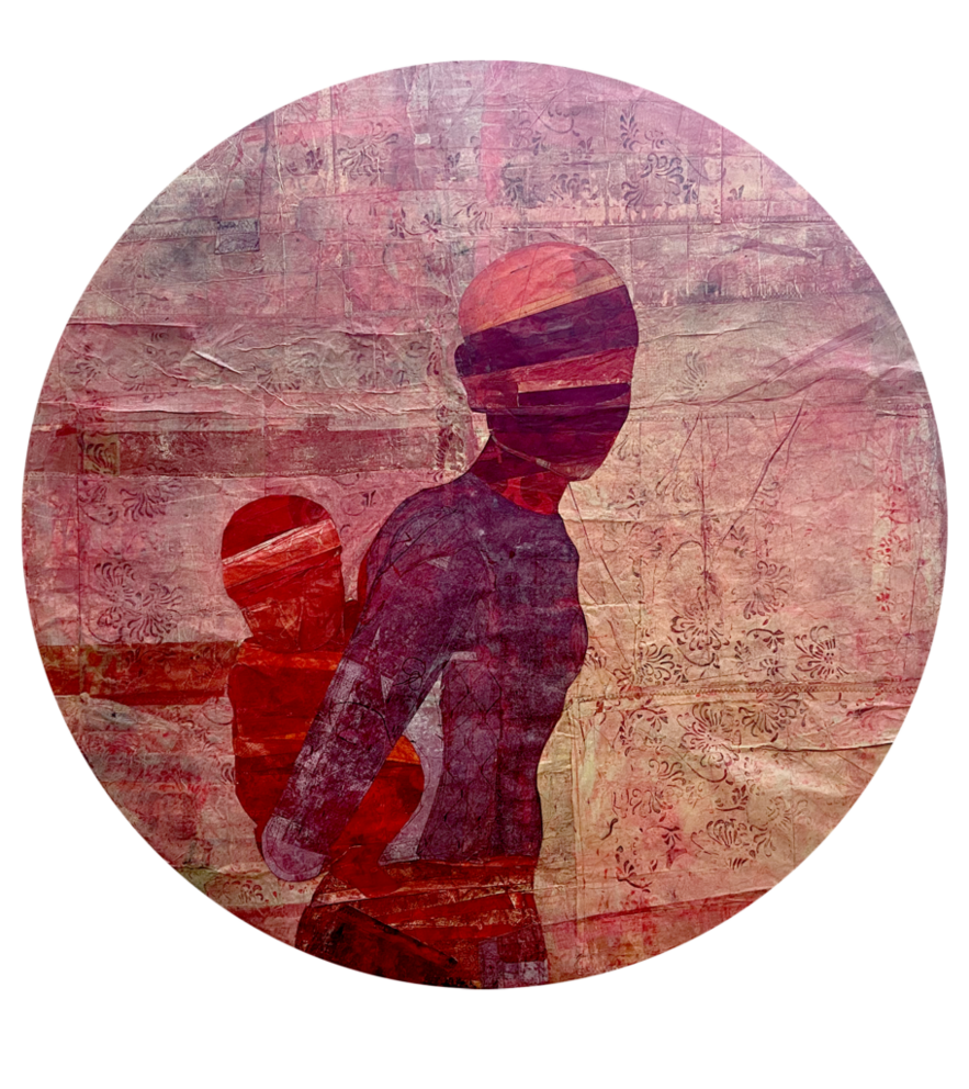 A circular collage piece in pink, yellow and orange colors shows a person holding a child on their back