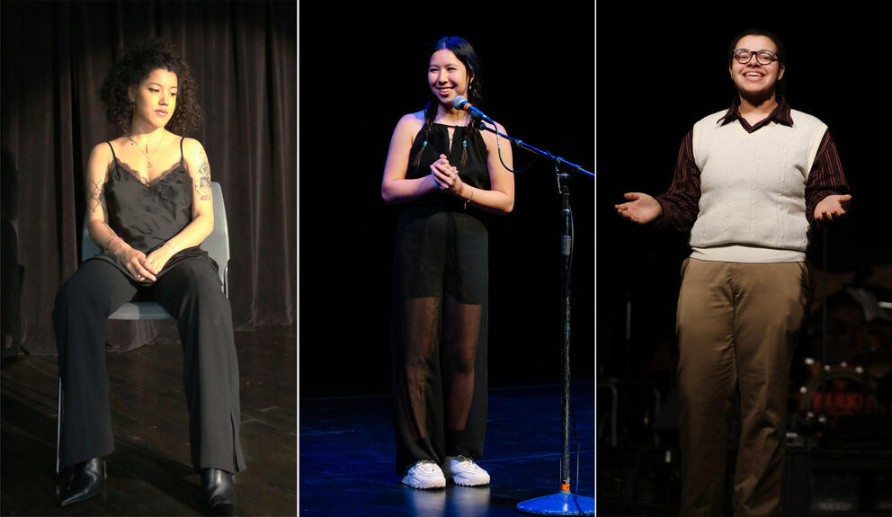 A triptych of three different images; a girl sitting down on the left; a girl in the middle standing and smiling; a guy performing on the right