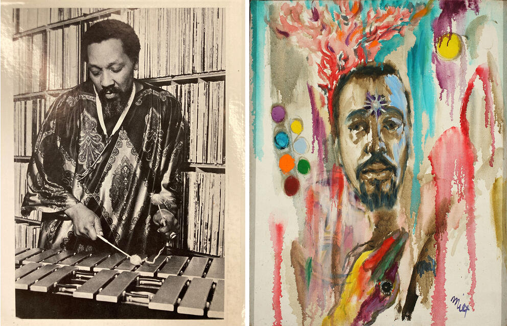 A photo of Simon playing the zylophone, and a colorful self portrait