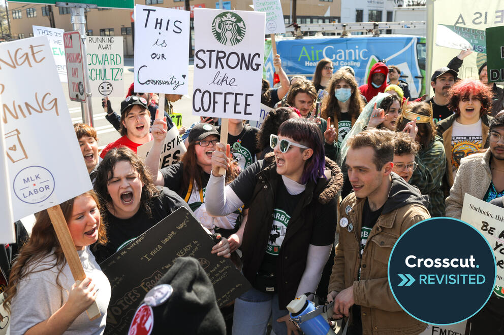 Starbucks Workers United union members and supporters gather at the Starbucks headquarters to protest