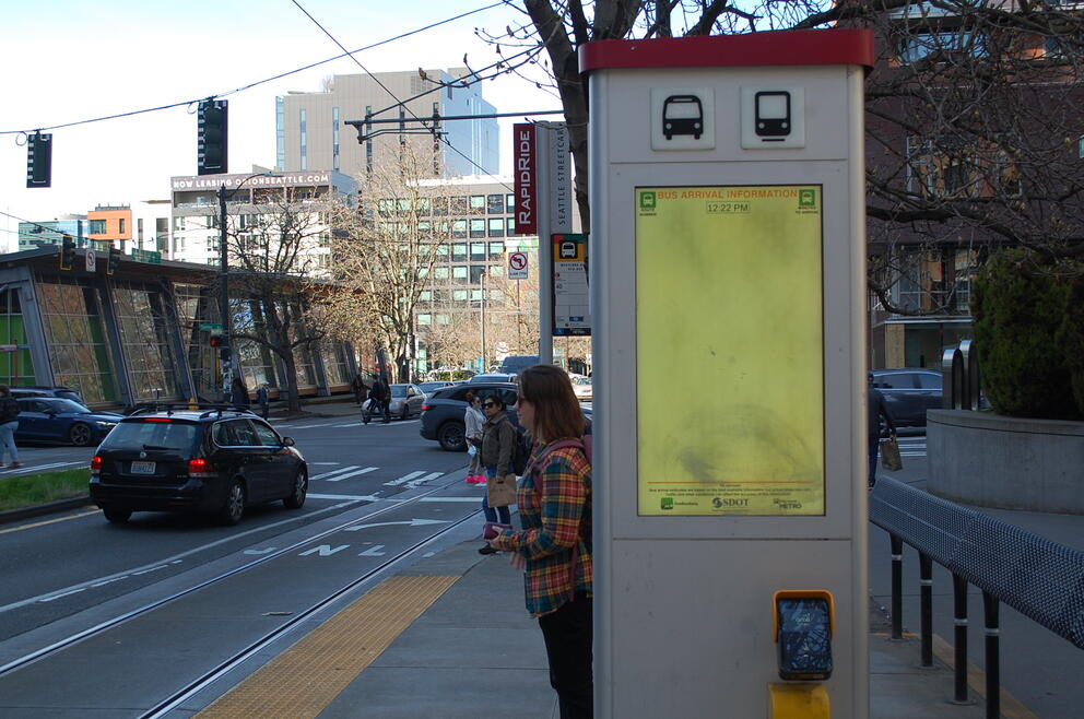 An information board at a bus stop in Seattle