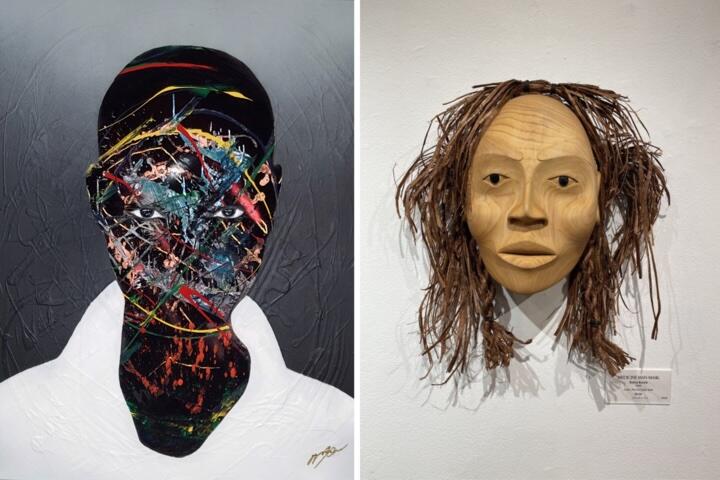 side by side artworks. at left portrait of a Black figure with splashes of color across the face, at right a Haida cedar mask with bark hair