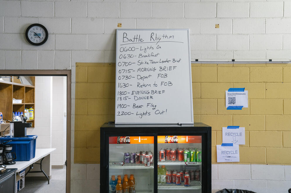 A whiteboard of daily activities and work placed in the old Kennewick Fire Station