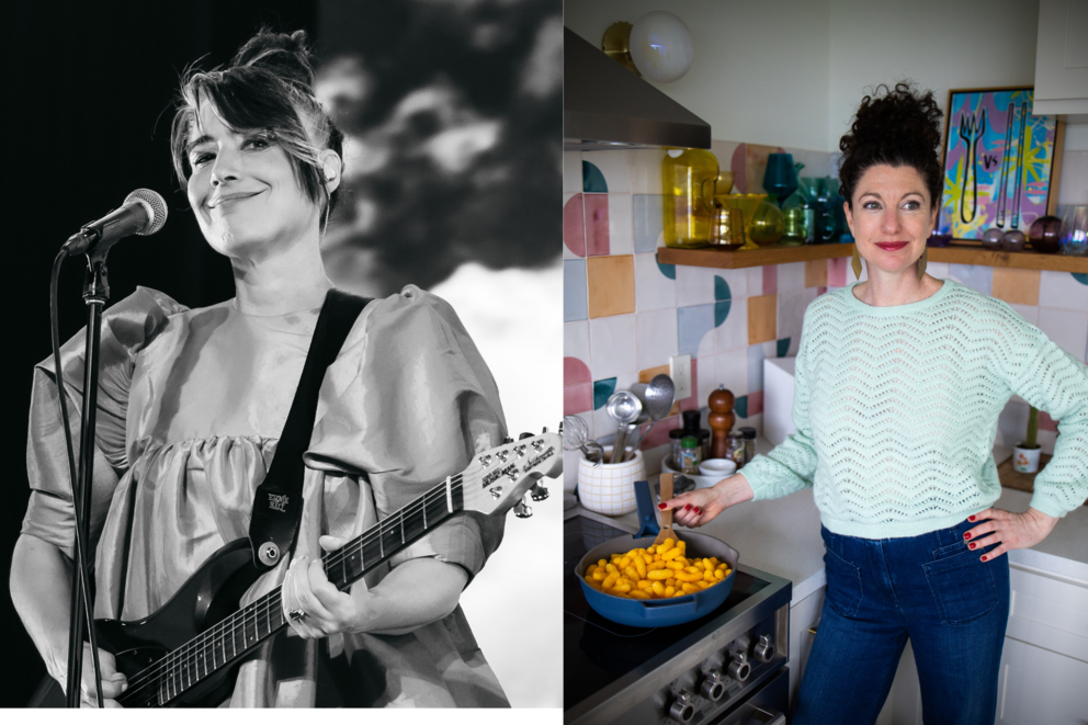 Kathleen Hanna plays guitar and Rachel Belle stands in a kitchen